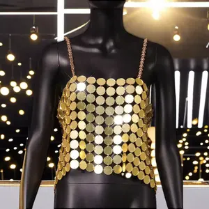 Women's Glitter Halter Tops Sparkle Crystal Rhinestone Chain Crop Top Metal Sequin Club Party Rave Nightclub Outfit