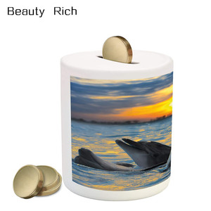 Animaux de la mer en céramique, <span class=keywords><strong>tirelire</strong></span>, bassin <span class=keywords><strong>Photo</strong></span> de dauphin prévente, au coucher du soleil, océan, animaux de mer imprimés aquatiques - Product Image 1
