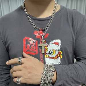 Men's Stainless Steel <b>Cross</b> Pendant Necklace <b>With</b> Gold Inlay And Crystal Detail Geometric Design For Fashion Jewelry - Product Image 4