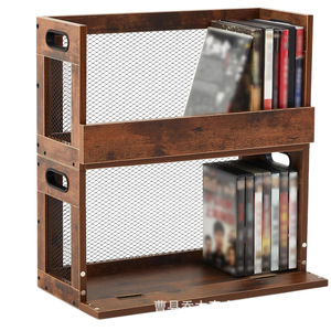 Wooden Vinyl Record Storage Box 2 Tier Iron Wood Combination Retro Style For Media Organization - Product Image 2