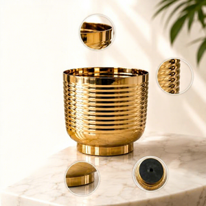 Pot de fleurs en métal doré, moderne, luxueux, à nervures, pour plantes d'intérieur, à poser sur le bureau - Product Image 6