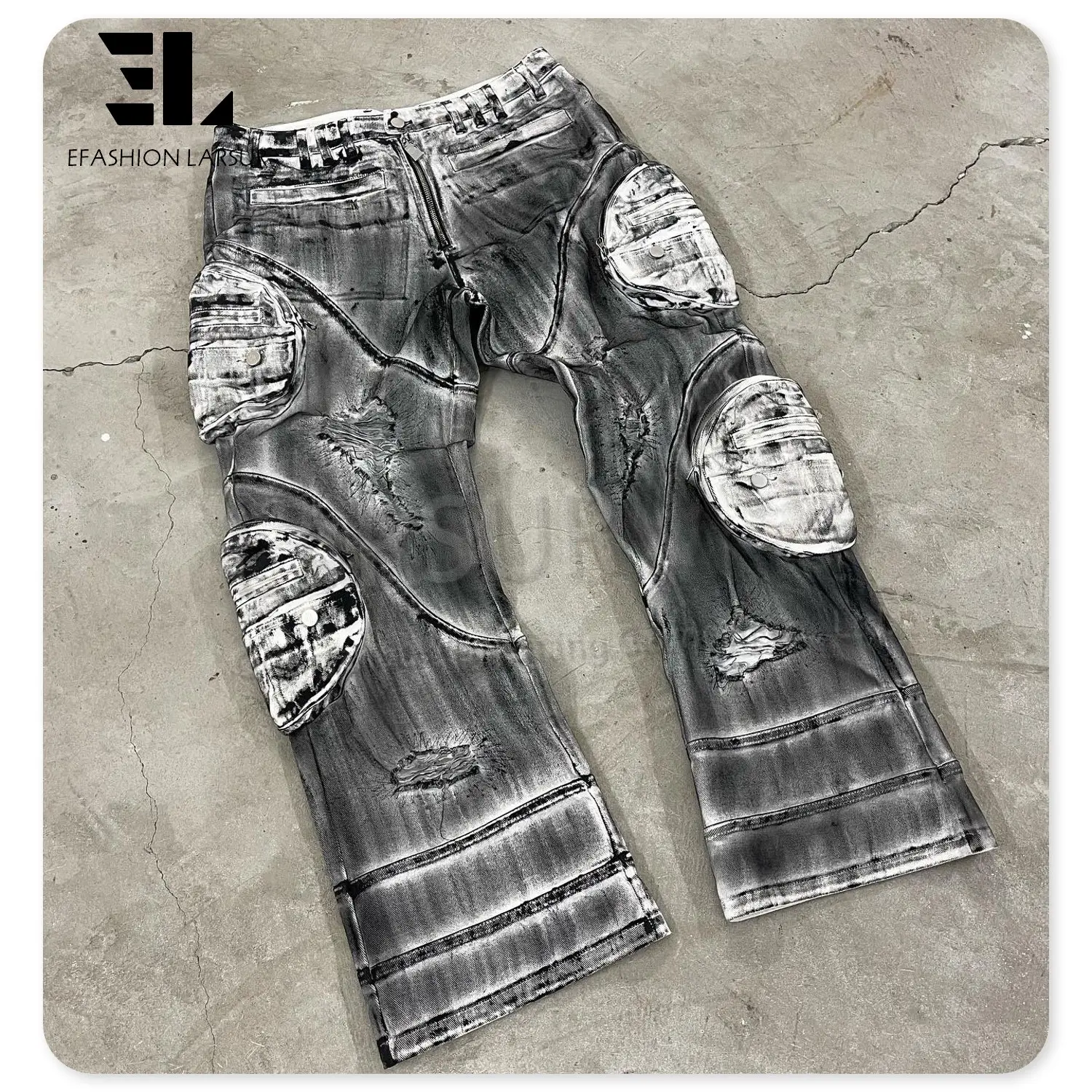 LARSUR Custom denim fábrica dirtyfit sujo lama lavagem denim calças cargo pesado angustiado cera revestido jeans de carga com multi bolso
