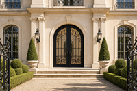 Porte d'entrée double en fer forgé cintrée LINCAI avec panneaux de verre à motifs pour villas et manoirs de luxe