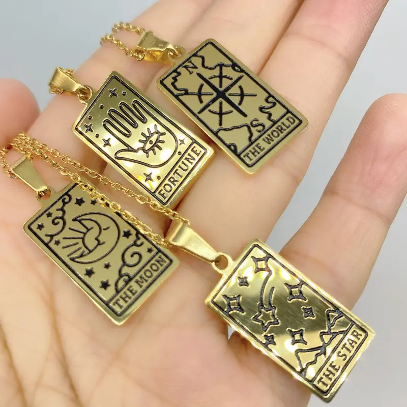 Tarot Card Necklaces For Women Girl Gold Stainless Steel World Sun Moon Eye Luna Pendant Necklace Gothic Vintage Jewelry
