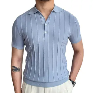 เสื้อโปโลสีน้ำเงินสำหรับผู้ชายเสื้อสเวตเตอร์ถักผ้าไหมน้ำแข็งสีฟ้าแขนสั้นเสื้อโปโลลำลอง
