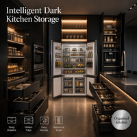 Muebles de Cocina Negros con Iluminación LED Inteligente, Gabinetes Modulares con Acabado Mate, Electrodomésticos Integrados, Conjunto de Muebles B2B