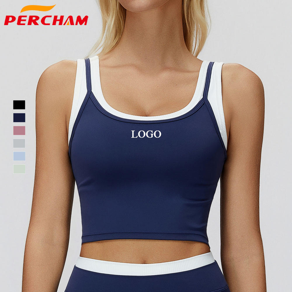 Custom Wholesale Colorful Contrast Moisture Wicking Running Yoga Crop Tops Bra Breathable Double Layer Workout Sports Tank Top