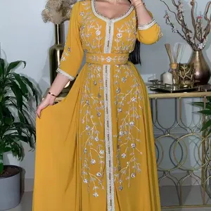 Elegant Solid Color Beaded Muslim Traditional Clothing Open Abaya Dresses Long Silk Cardigan Kimono Robe Eid Arab Jubah Gown