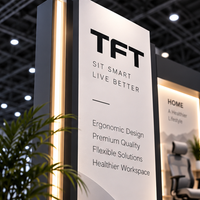 Stand d'exposition professionnel sur mesure 20x20 pour mobilier de bureau avec présentoir de produits 4 zones, espace de réunion et comptoir d'accueil pour NeoCon 2026
