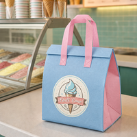 Pochette isotherme non tissée bleu poudré personnalisée en gros avec fermeture à rabat et sangle rose pour crème glacée