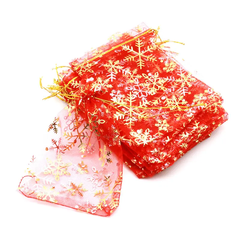 Drawable Christmas snowflake snow printed glitter drawstring organza bags small wedding party jewelry gift organza bags pouch