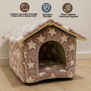 Cuccia imbottita morbida per cani e gatti, letto da interno caldo e confortevole con motivo a stelle, design blu e bianco - Product Image 5