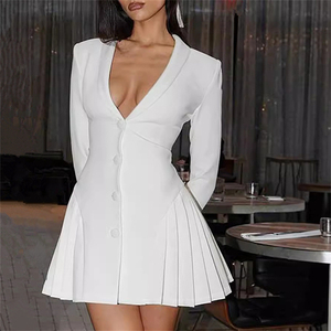 女性用無地長袖プリーツセクシーVネックブレザードレス - Product Image 1
