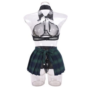 Conjunto de Lencería Sexy para Mujer, Disfraz de Colegiala, Top de Malla Transparente con Cuello Halter, Falda Plisada Verde a Cuadros, Cosplay - Product Image 6