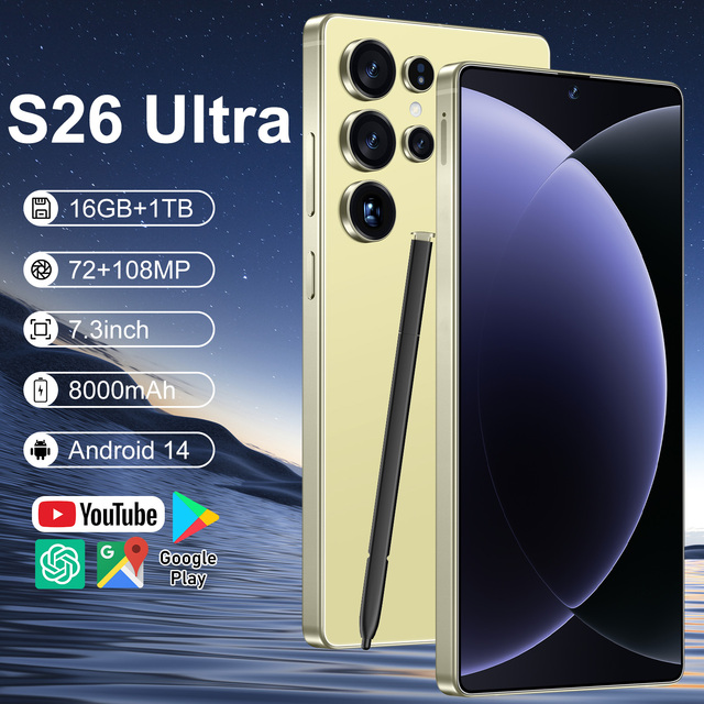 2025 New Original Android 14 S26 Ultra 5G HD Cell Gaming Smartphone 7.3 Inch 120Hz 108MP Deca Core 100W Quick English/French