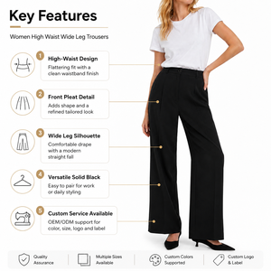 <span class=keywords><strong>Pantalon</strong></span> large plissé taille haute pour femme, noir, coupe droite ample, personnalisable OEM - Product Image 3