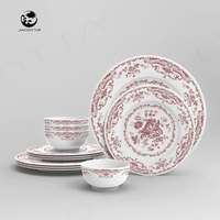 Service de vaisselle en céramique rouge-floral de style vintage, vaisselle élégante en porcelaine, poterie de qualité supérieure