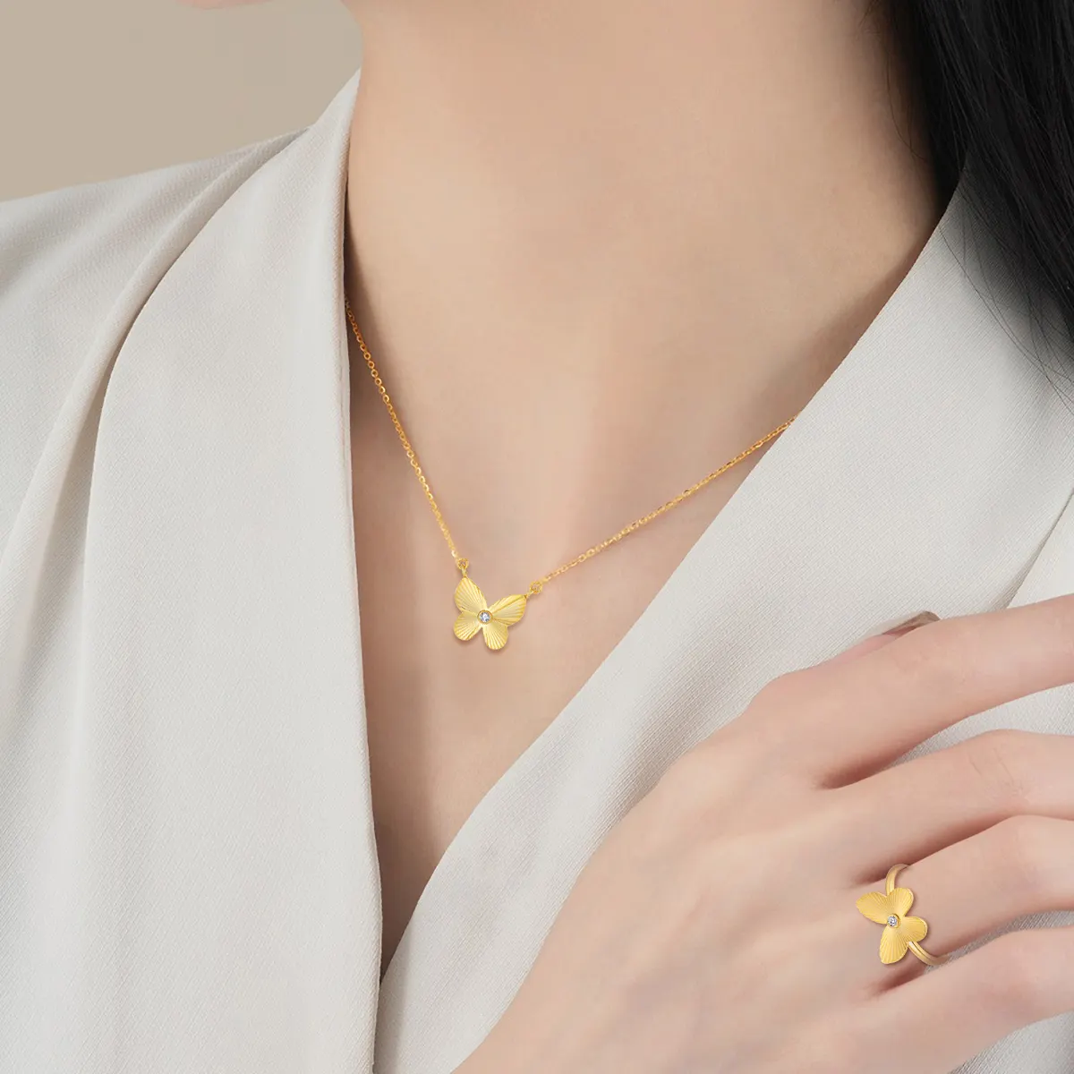 Wasserdichter Schmetterling 925 Silber-Schmuck-Sets klobig Schmetterling-Design 18K Gold vergoldet Halsketten Ring für Damen