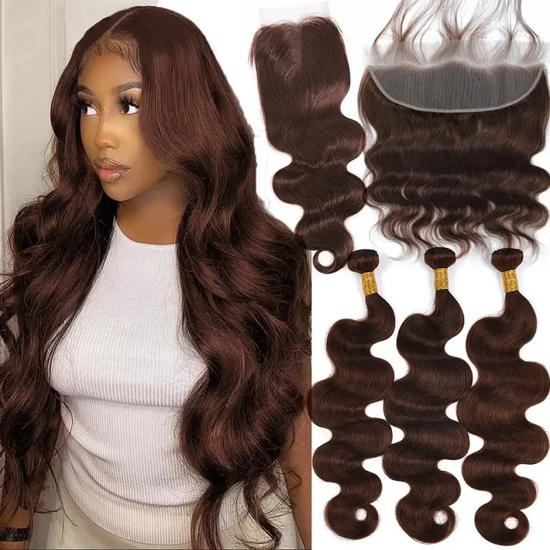 Chocolate Brown #4 Colored Body Wave Bundles And Closure Peruvian Hair Weave Bundles With Frontal
