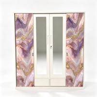 Armoire de luxe rose imprimée à 4 portes en acier avec miroir, 2 tiroirs, placard métallique verrouillable pour chambre à coucher, meuble de rangement domestique