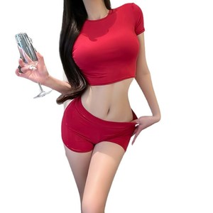 Camiseta Roja con Hombros Descubiertos al Estilo de las Influencers, Conjunto de Lencería Sexy y Atractivo que Expone la Cintura para Mujer 9419 - Product Image 5
