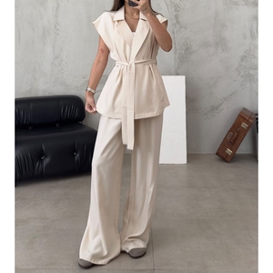 Sleeveless Suit Collar Tie Cardigan High Waist <b>Pants</b> Women's Casual 2-piece Set Fashion - Product Image 5