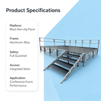Plateforme de scène portable en aluminium avec garde-corps et escalier, scène noire antidérapante pour événements, conférences et spectacles