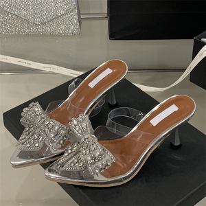 2025 Women's Transparent High Heels New Crystal Bow Stiletto Slides Anti-Slippery Ankle Strap <b>Sandals</b> for Summer - Product Image 2