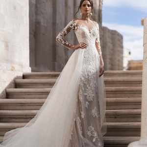 White Long Sleeve V Neck Mermaid Wedding Dress With Floral Print And Trailing Skirt For Elegant Bridal Wear - Product Image 4