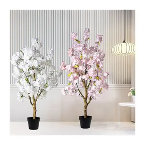 7715 Novo Design Real Toque Rosa e Branco Flor De Cerejeira Planta em Pote De Plástico Preto Sakura Artificial Em Vaso De Árvore