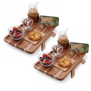 Plateau de canapé en bois d'acacia avec support pour téléphone, plateau pliable pour collations, pour salon, café, thé, boissons - Product Image 1