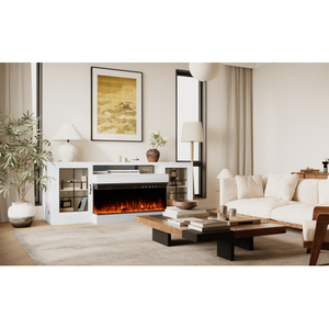 Soporte para TV con Chimenea Eléctrica de 60 Pulgadas, Chimenea Eléctrica de 3 Lados de 30 Pulgadas, Centro de Entretenimiento para Sala de Estar de Estilo Mid-Century, Puertas de Vidrio, Almacenamiento - Product Image 2