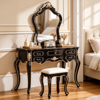 Ensemble coiffeuse antique européenne noir et or avec miroir et tabouret, table de maquillage de luxe pour chambre à coucher, mobilier de maison
