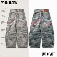Jean droit ample pour homme en denim vintage personnalisé, imprimé numérique, 14oz, lourd, délavé, motif oursons gommeux, chaîne, été