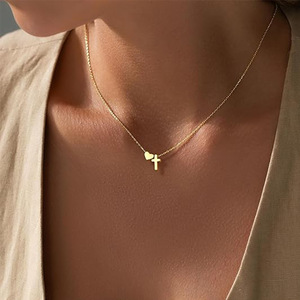 Collier pendentif croix cœur plat Zhongzhe, plaqué or 18 carats, étanche, bijoux religieux minimalistes pour femmes - Product Image 2