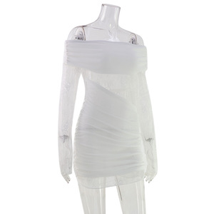 Mini Abito Bianco Sexy <span class=keywords><strong>con</strong></span> Spalle Scoperte, Maniche Lunghe in <span class=keywords><strong>Pizzo</strong></span> e <span class=keywords><strong>Spacco</strong></span>, <span class=keywords><strong>Vestito</strong></span> Aderente a Maniche Lunghe - Product Image 5
