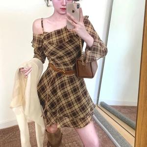 Vestido Midi de Gasa Estilo Francés Vintage con Cola de Pez, Geométrico, de Un Solo Hombro, con Cintura Natural, para Uso Diario - Product Image 1