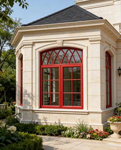 Ventana Abatible de Hierro Forjado Rojo Estilo Francés con Parte Superior Arqueada, Personalizable para Uso Comercial y Residencial - Product Image 4