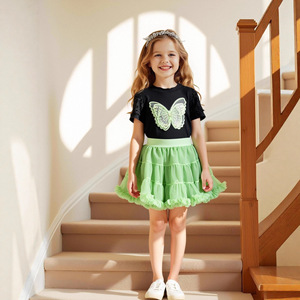 Conjunto de Ropa para Niñas Pequeñas al por Mayor, Camiseta de Manga Corta con Flores de <span class=keywords><strong>Tul</strong></span> + <span class=keywords><strong>Falda</strong></span> de <span class=keywords><strong>Tul</strong></span> en Capas Sólida, Conjunto de 2 Piezas - Product Image 4