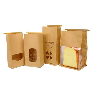 Sac à fermeture éclair en papier kraft biodégradable personnalisé sac à pain grillé à fond plat étanche à l'huile joint à friser en fil d'emballage pour la cuisson des aliments