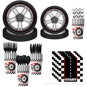 Articles de fête sur le thème de la course automobile, décorations d'anniversaire, vaisselle, accessoires roues, bannière, nappe, ensemble jetable pour enfants de 5 à 7 ans - Product Image 4