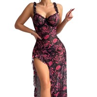 Gaun Tidur Mini Seksi dengan Tali Spaghetti, Motif Bunga yang Menawan, Romantis, dan Anggun, Dilengkapi Belahan, Pakaian Malam yang Menarik.