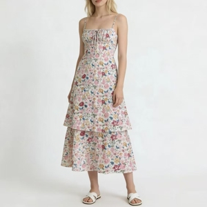 Robe longue en coton tissé 100% pour femmes ALBBIA019, imprimé floral numérique, lavable, avec fermetures éclair - Product Image 1