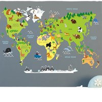Pegatinas de Pared de Vinilo PVC Removibles Ecológicas con Mapa del Mundo de Animales de Dibujos Animados para Habitaciones Infantiles, Impresión UV con Acabado Mate, Decoración del Hogar