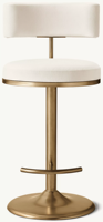 Tabouret de bar pivotant moderne avec dossier rembourré réglable en hauteur, repose-pieds incurvé, piétement à disque et structure en métal brossé pour usage domestique
