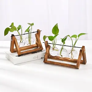 Desktop Glass Planter Bulb Vase Bulb Plant Terrarium with Retro Solid Wooden Stand and Metal Swivel Holder Home Garden Wedding D