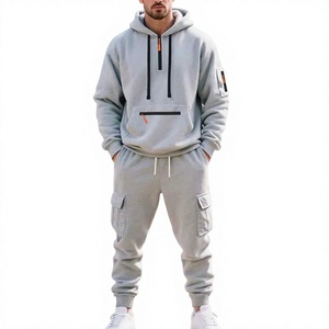 Ensemble de survêtement gris à capuche pour homme, 2 pièces, décontracté, manches longues, couleur unie, pantalon cargo avec poches, coton respirant, vêtements d'hiver - Product Image 1
