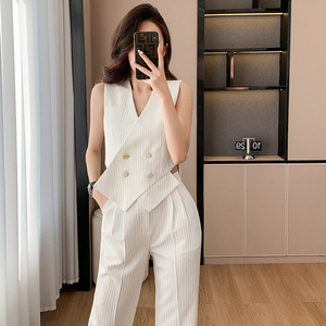 Women's Suit Set Striped Sleeveless Vest Wide Leg Pants Two Piece Casual Anti Wrinkle Spring Summer 2024 - Product Image 3