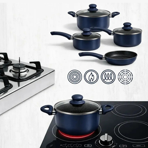 Modern 5-Piece Non-Stick Cookware Set Ceramic Coated Navy Blue Pots <b>Pans</b> Glass <b>Lids</b> Plastic Handles Induction Compatible - Product Image 2
