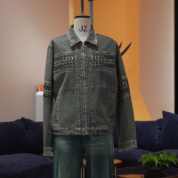 Ensemble deux pièces en jean imprimé toile style tribal rétro et pantalon vintage délavé, coupe ample et respirante, respectueux de l'environnement